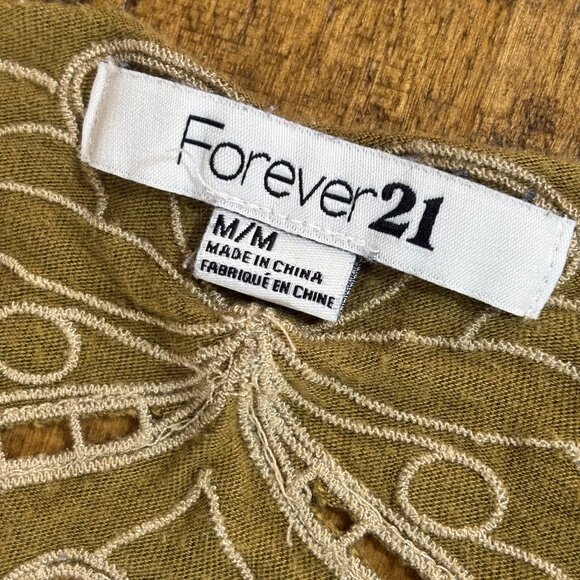 Boho Olive Green Embroidered Mini Dress - Sleeveless, Smocked Waist- M - Picture 6 of 11